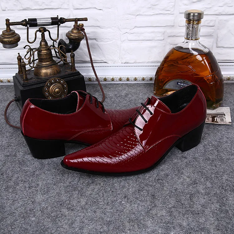 Italian Vintage Men Burgundy Patent Leather Croc Embossed Pointed Toe Heeled Oxfords Lace Up Dress Shoes For Wedding Business