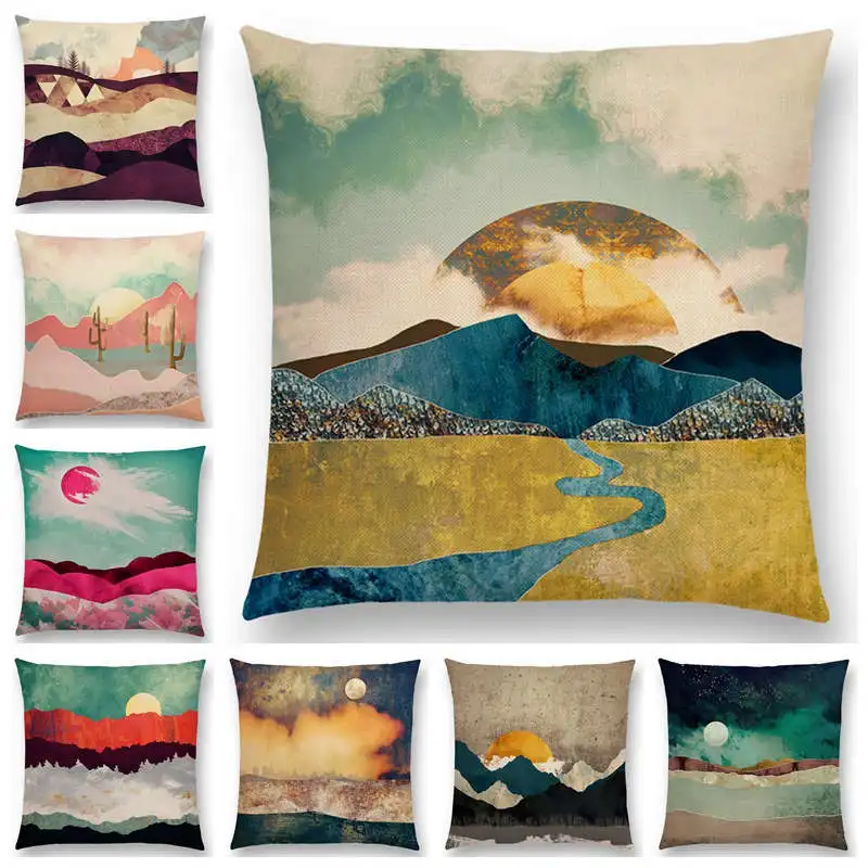 

25 Newest Design Available Sun Moon Day Night Sky Sea Stormy Mountains Prints Cushion Cover Home Decor Pillowcase