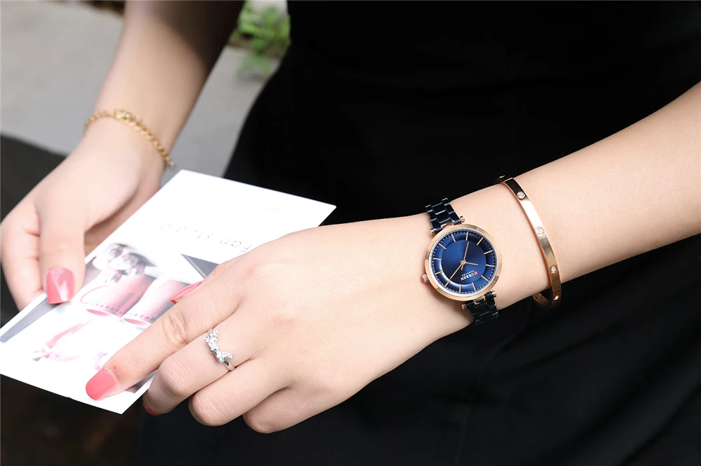 CURREN Women Fashion Watch Creative Lady Casual Watches Stainless Steel Band Stylish Desgin Blue Quartz Watch for Female