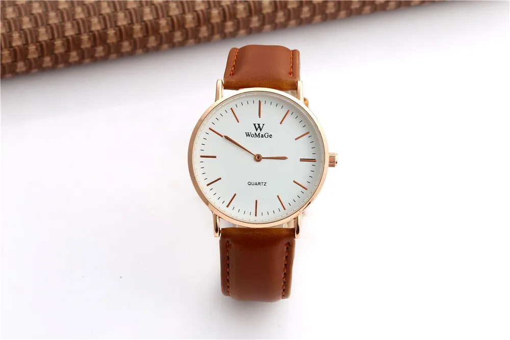 Womage Fashion Casual Watch Simple Style Gold Case Leather Strap Quartz Watch Women Men Hour Unisex Wristwatch Hot Sale Relojes