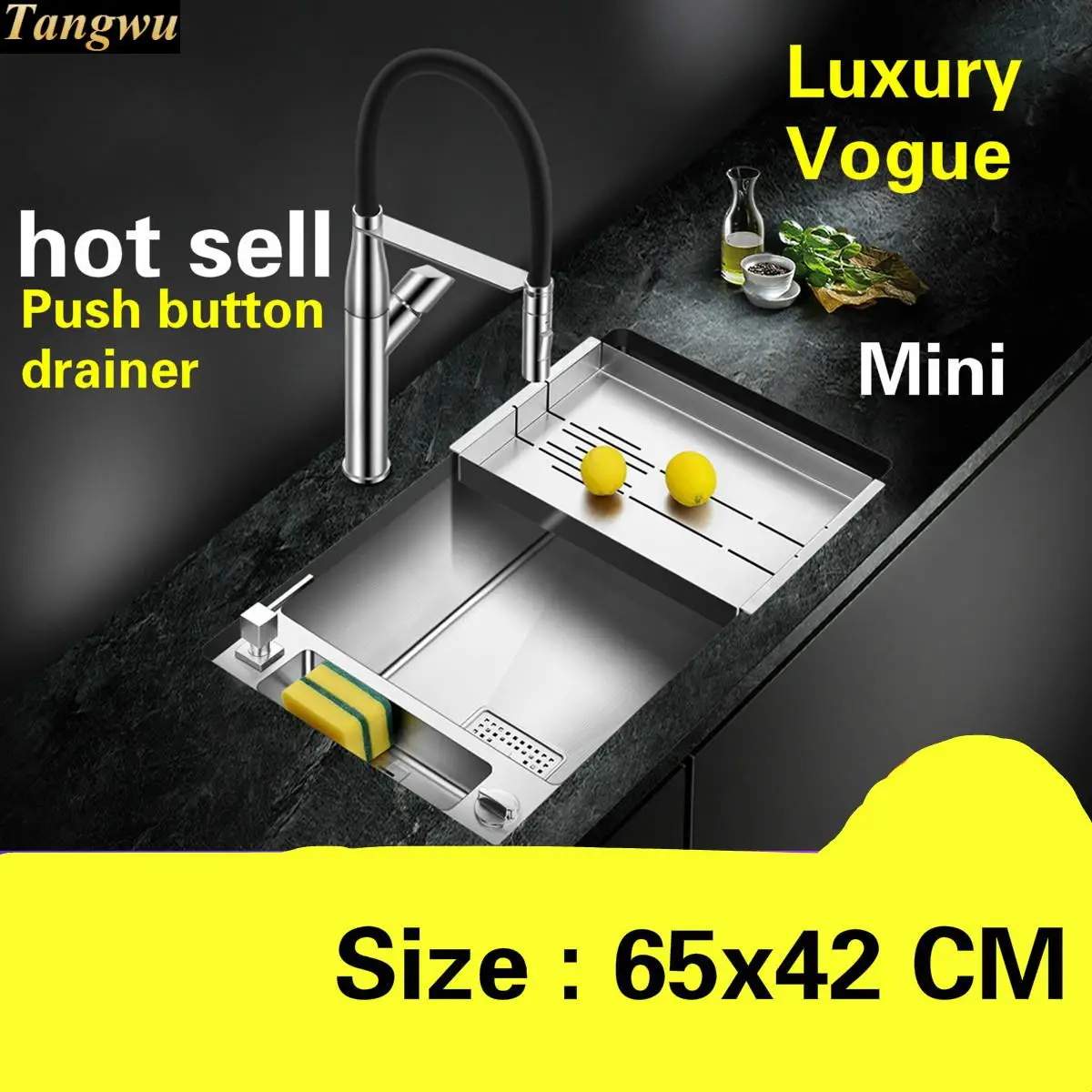 

Free shipping Household luxury mini kitchen manual sink single trough dish washing 304 stainless steel hot sell 650x420 MM