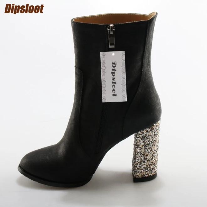 

Luxury Crystal Chunky Heel Women Point Toe Ankle Boots Embossed Suede Leather Ladies High Heel Boots Elegant Style Female Boots