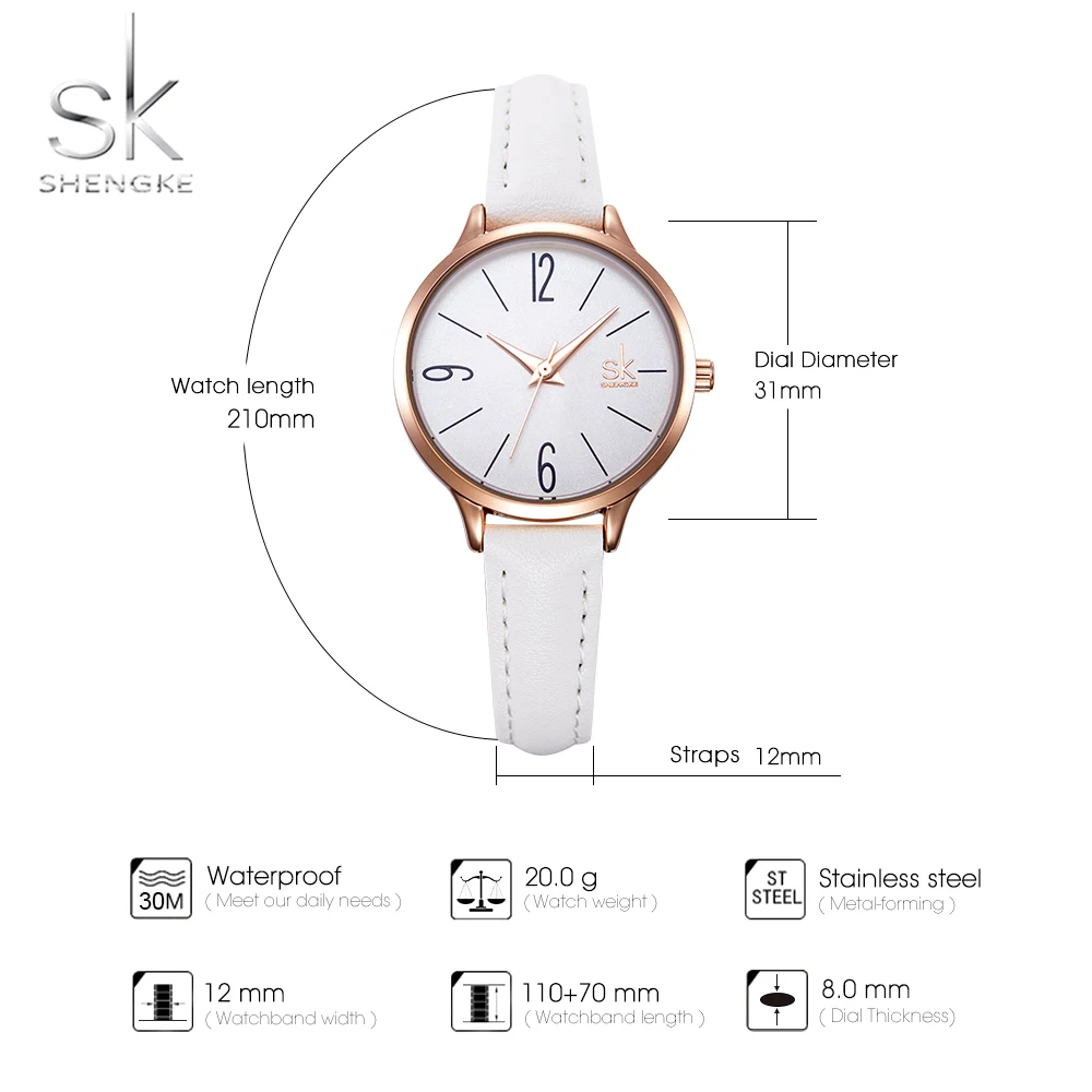 Shengke Fashion Female\'s Watches White Leather Girl Wristwatches Simple Women Quartz Clock Comfortable Buckle Round Case Hour