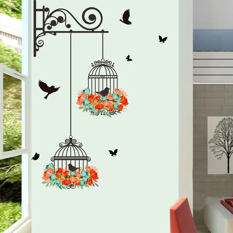 Colorful Flower birdcage flying birds wall sticker Creative home decor living room Decals wallpaper bedroom nursery window decor