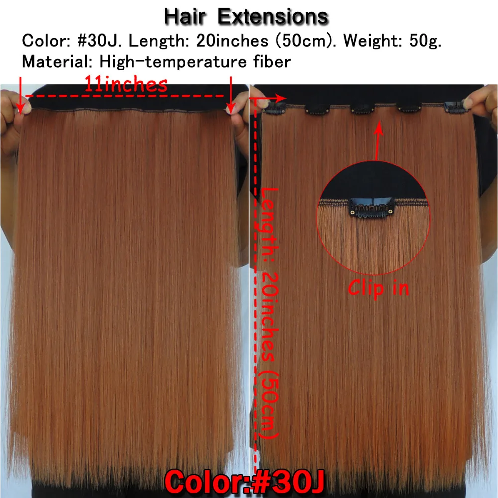 wjlz5050/5 Piece Lot Xi.rocks Synthetic Clip in Hair Extension 20inch Hair Clips Extensions Straight Hairpiece Copper Color 30J