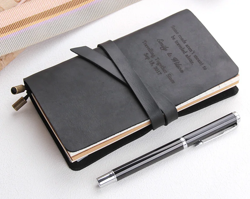 Refillable Leather Travelers Notebook - Personalized Travel Diary sketchbook - Custom Text Leather Journal Writing Notebook