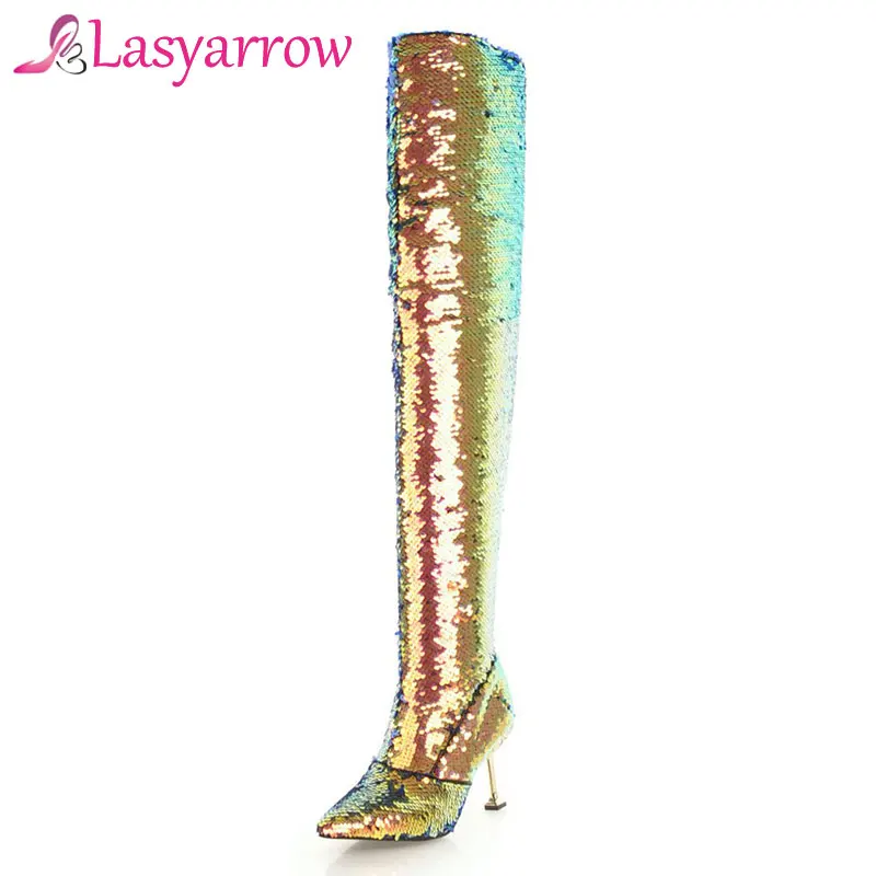 Lasyarrow Bling Bling Sopra Il Ginocchio Slim Fit Lunghi Stivali Scintillante Metallo Sottile di Alta Della Coscia Tacco Stivali Alti Pattini di