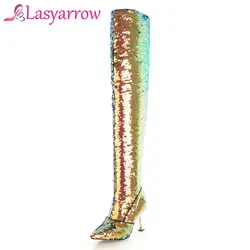 Lasyarrow Bling Bling Sopra Il Ginocchio Slim Fit Lunghi Stivali Scintillante Metallo Sottile di Alta Della Coscia Tacco Stivali Alti Pattini di Vestito oro Argento