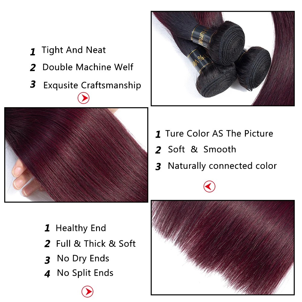 QThair Ombre Professional 1B/99J Burgundy 3 Bundles Dark Wine Red 100% Human Hair Bundles Brazilian Straight Non-remy Hair