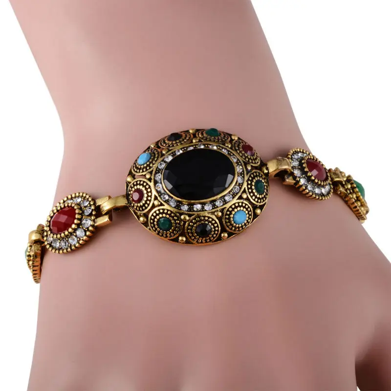 Turkish Jewelry Ethnic Bohemian Bracelets For Women Red Gem Stone Black Resin Tribal Gold-Color Femme Bracelet Jewellery