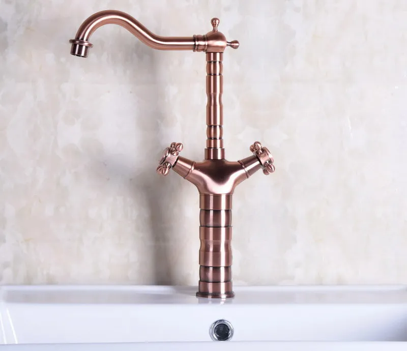 Antique Red Copper Brass Dual Cross Handles Bathroom Kitchen Basin Sink Faucet Mixer Tap Swivel Spout Deck Mounted mnf127