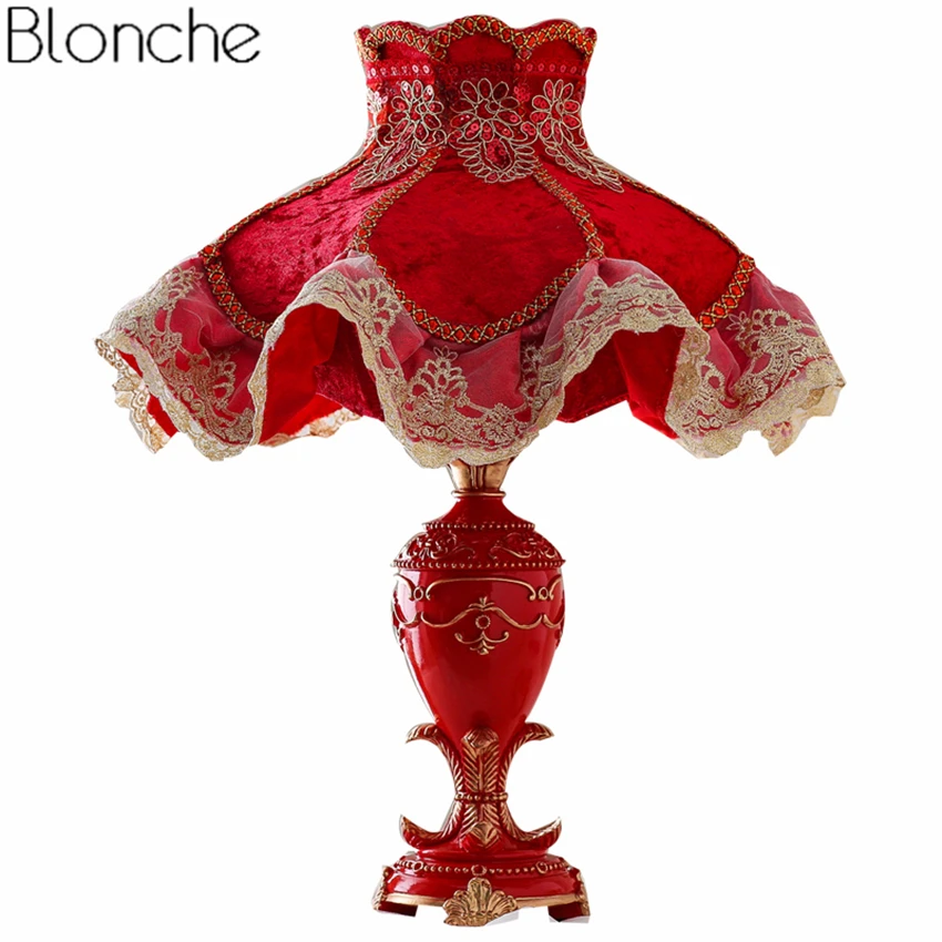 

Nordic Red Resin Table Lamp Fabric Lampshade Led Desk Light for Princess Room Bedside Wedding Lighting Fixtures Luminaria Decor