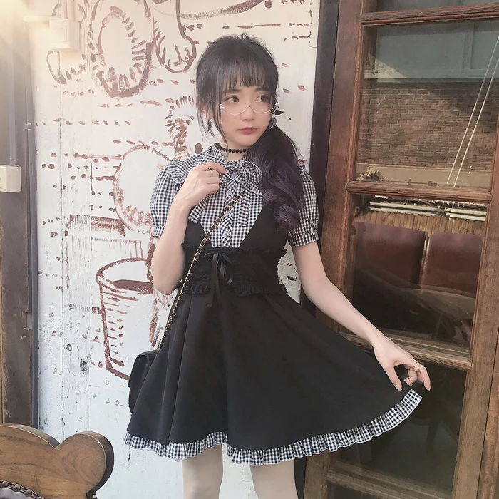 Princess sweet lolita dress Bobon21 sweet girl fake two pieces of stitching bow tie dress Japanese high waistline women D1609