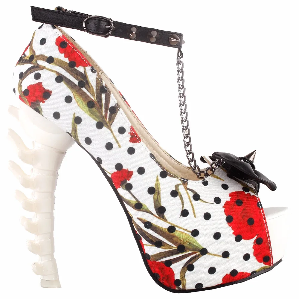 LF80631 Beige Skull Rose Print Studs Chain Peeptoe Bone Heel Pumps Size  4/5/6/7/8/9/10