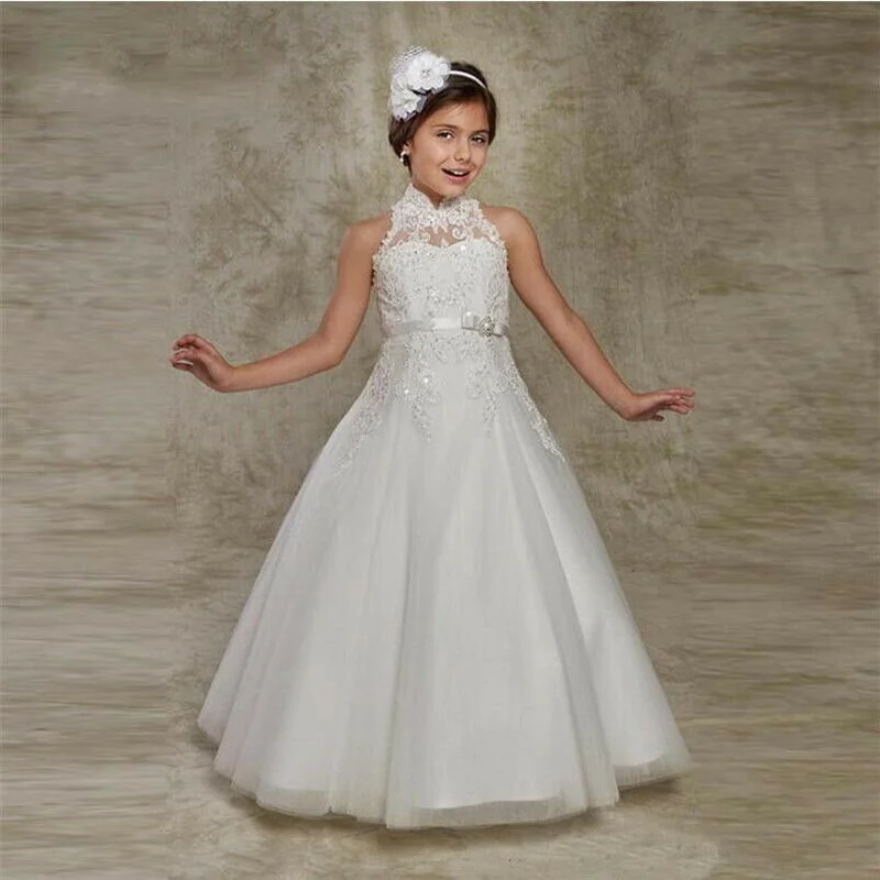 

petites Princess White Lace Applique Flower Girl Dresses Organza Girls Pageant First Communion Dresses