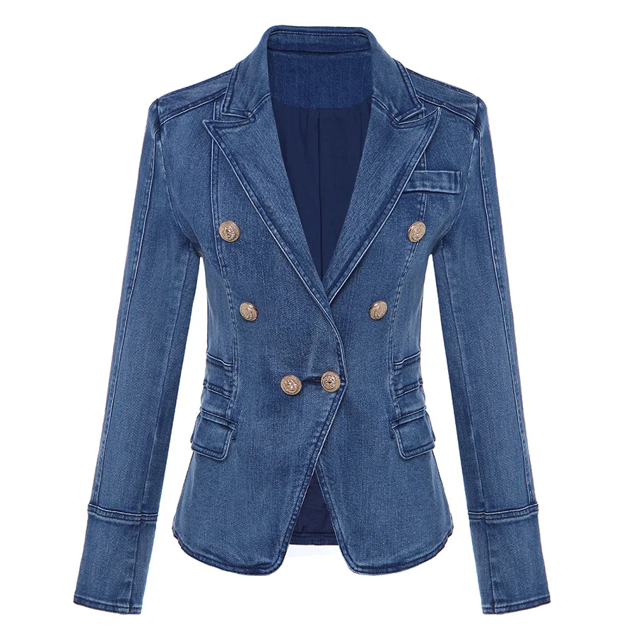 High quality 2019 fashion new washed denim fabric exquisite version of the double row of metal buttons women coat Blazer S-XXL