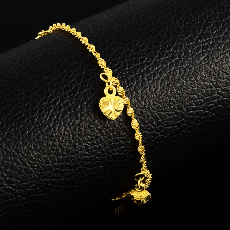 New 24k Gold Color Bracelet Heart Pendant Water Wave Bracelet Bit Woman Wedding Jewelry Gift