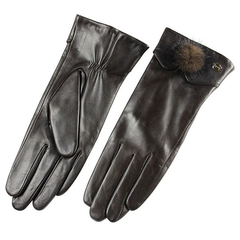 Brand Genuine Leather Gloves High Quality Women Sheepskin Glove Fashion Trend Rabbit Hair Ball Driving Leather Gloves EL029NC