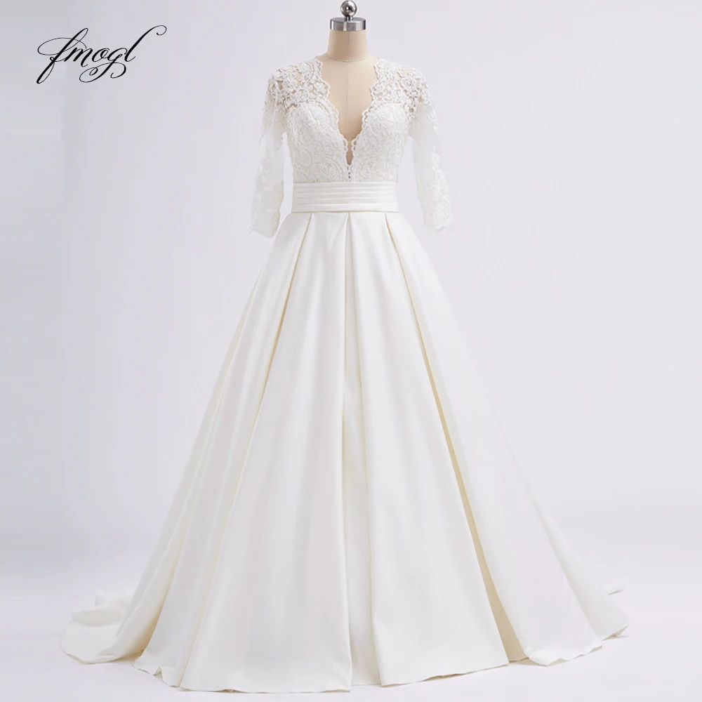 

Fmogl Vestido De Noiva свадебное платье трапециевидной формы с длинными рукавами, сексуальное свадебное платье с глубоким v-образным вырезом и аппликацией со шлейфом, большие размеры