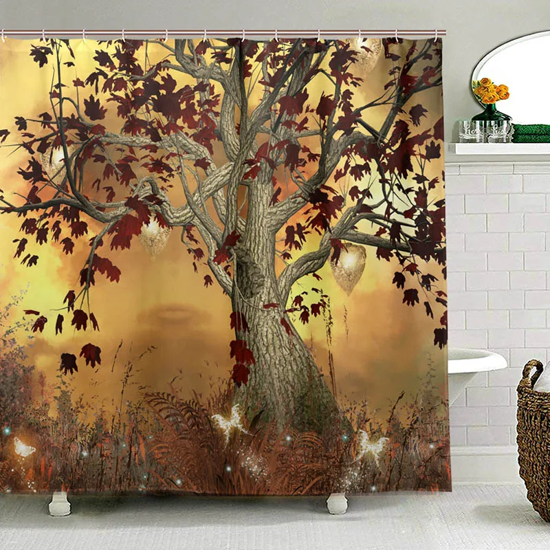 Old Twisted Tree Print Polyester Fabric Shower Curtain Waterproof Mildew Resistant Bathroom Curtain for Bath with 12 Hooks