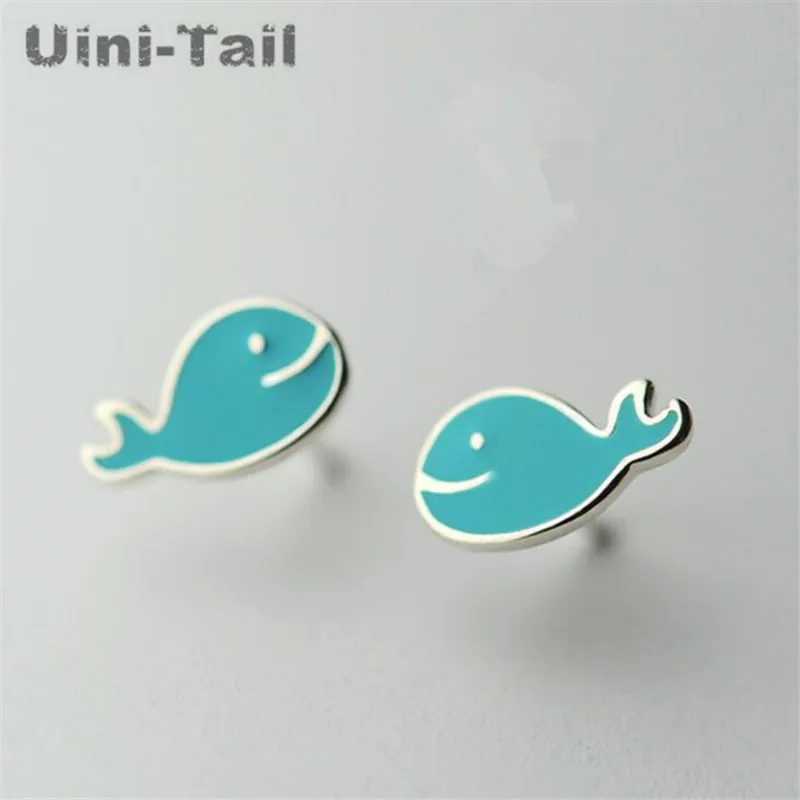 Uini-Tail hot new 925 Tibetan silver cute blue small whale earrings good mood sea blue earrings creative animal fashion jewelry