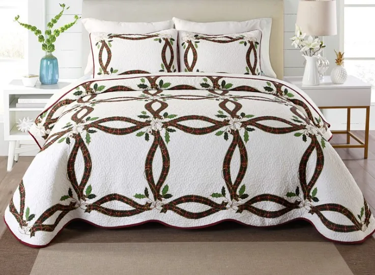 

Green Small Flower Pastoral Europe Cotton Quilting Quilts KING 250*230cm WaterWashed Embroidery BedCover Pillow case Bedspread