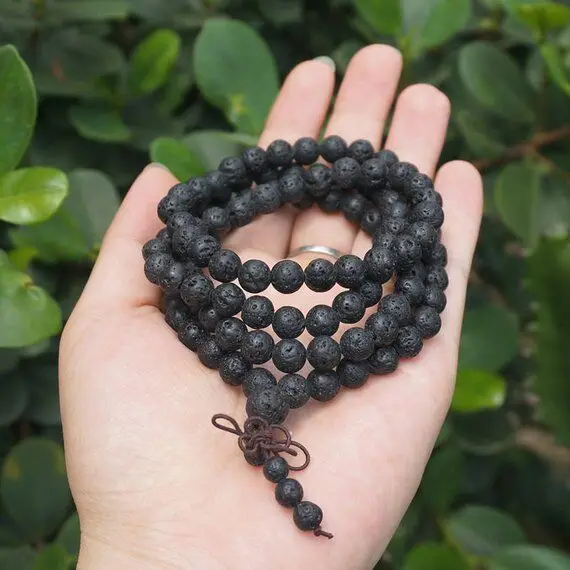 8mm Natural Black Lava Beads, Volcanic Lava Stone Beads Loose Mala 108 Beads Buddhism Mala Prayer Bracelet or Necklace