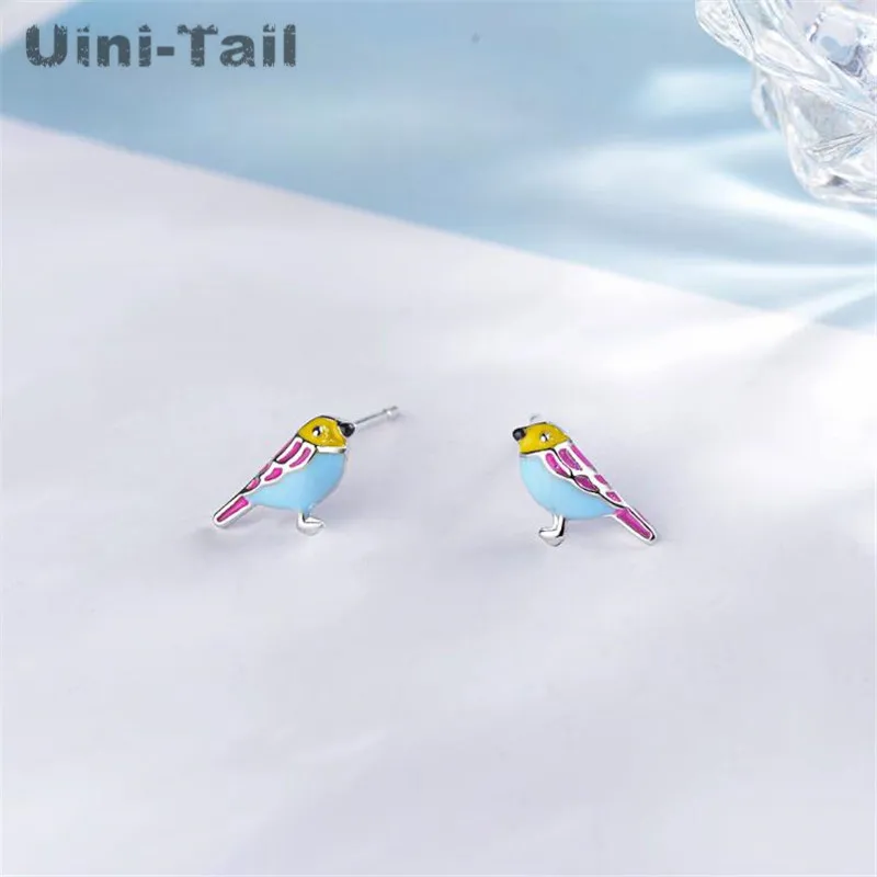 Uini-Tail hot new 925 Tibetan silver art small fresh glaze color bird earrings fashion sweet ear jewelry wholesale ED013