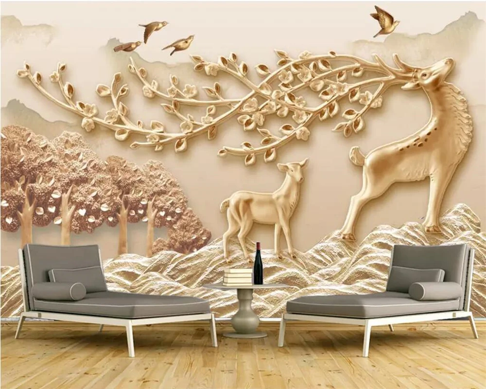 

beibehang Custom wallpaper 3D stereo photo mural papel de parede new Chinese embossed forest plum deer TV background wall paper