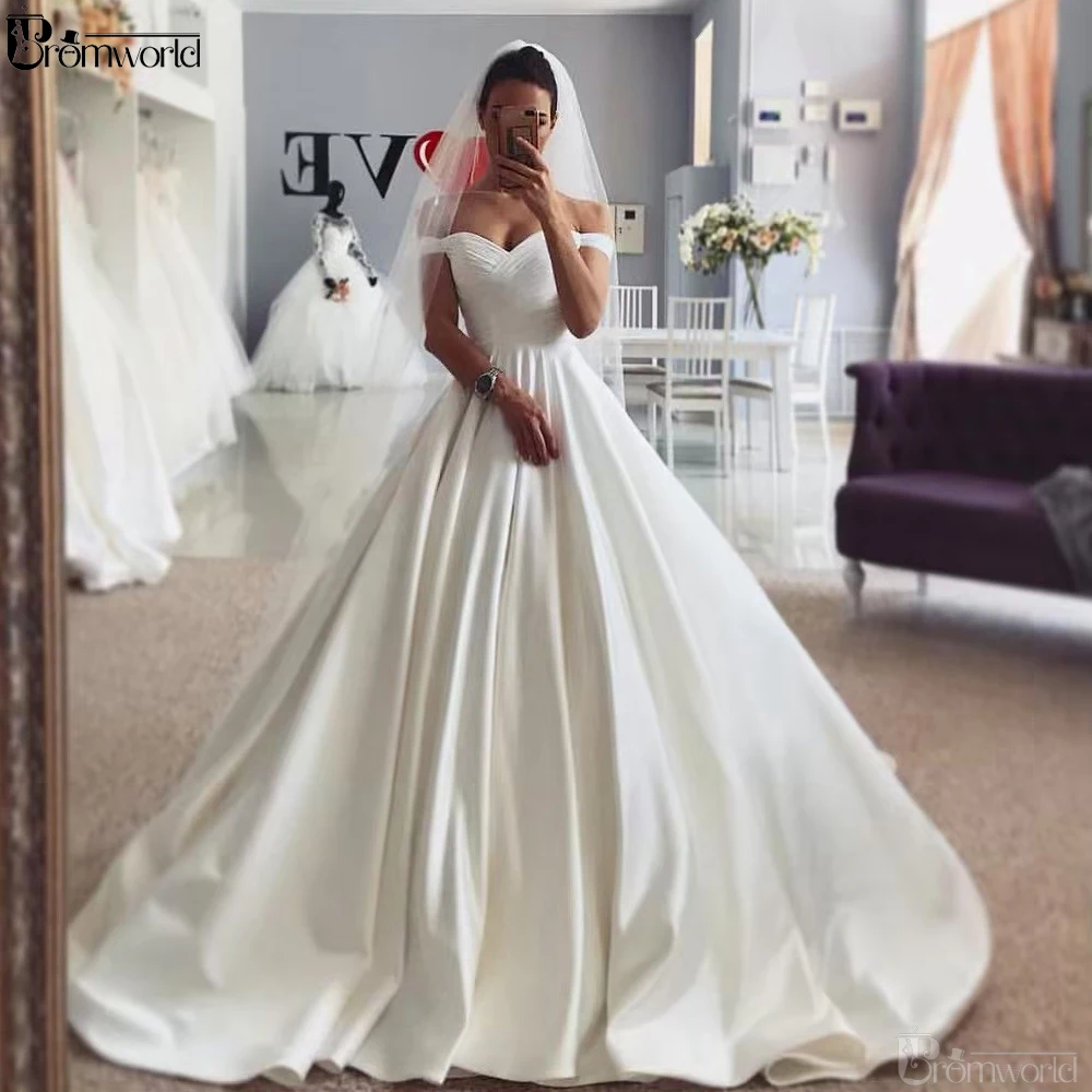 

Elegant Ivory Satin Wedding Gowns Sweetheart Off the Shoulder Muslim Wedding Dresses 2024 Bride Dress vestidos de novia