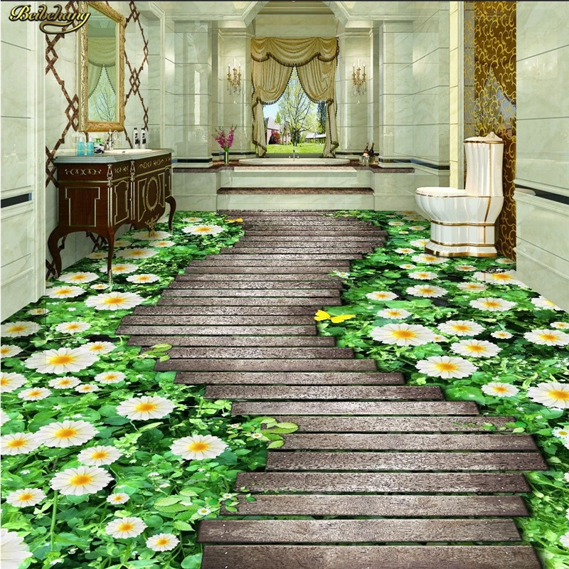 

beibehang Custom 3D flooring painted flowers board path 3D thickened wearable PVC papel de parede 3D wallpaper for living room