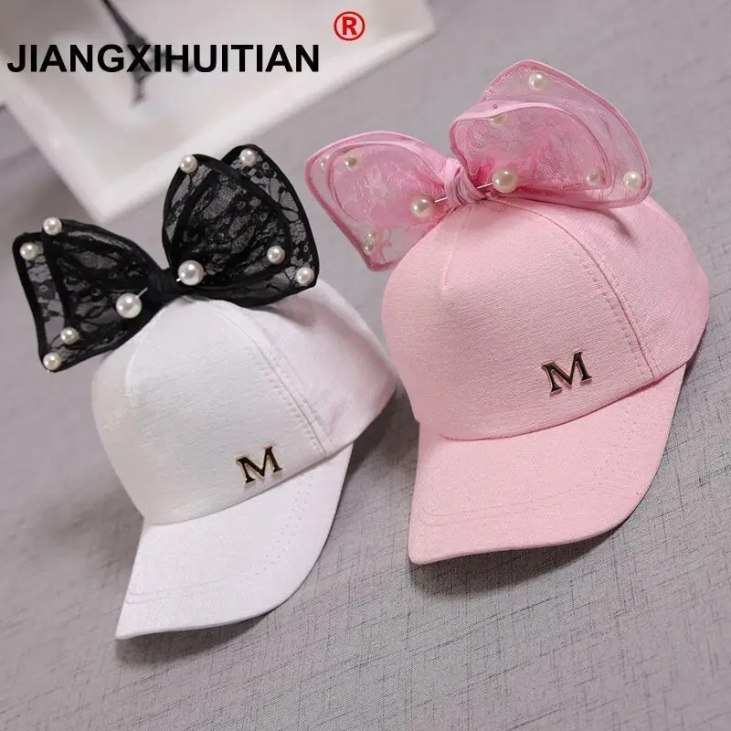 Nette kinder Mesh cap Frühling Sommer Kinder Baseball Kappe Mädchen Snapback Hip Hop Caps Kaninchen Ohr Perle Großen Bogen Kinder sonne Hut