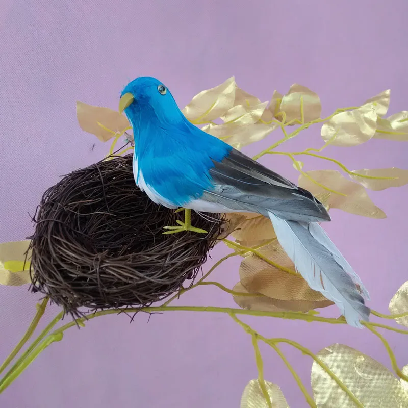 

foam&feathers blue-gray bird about 15cm simulation bird model with nest prop.garden,party decoration gift w0748