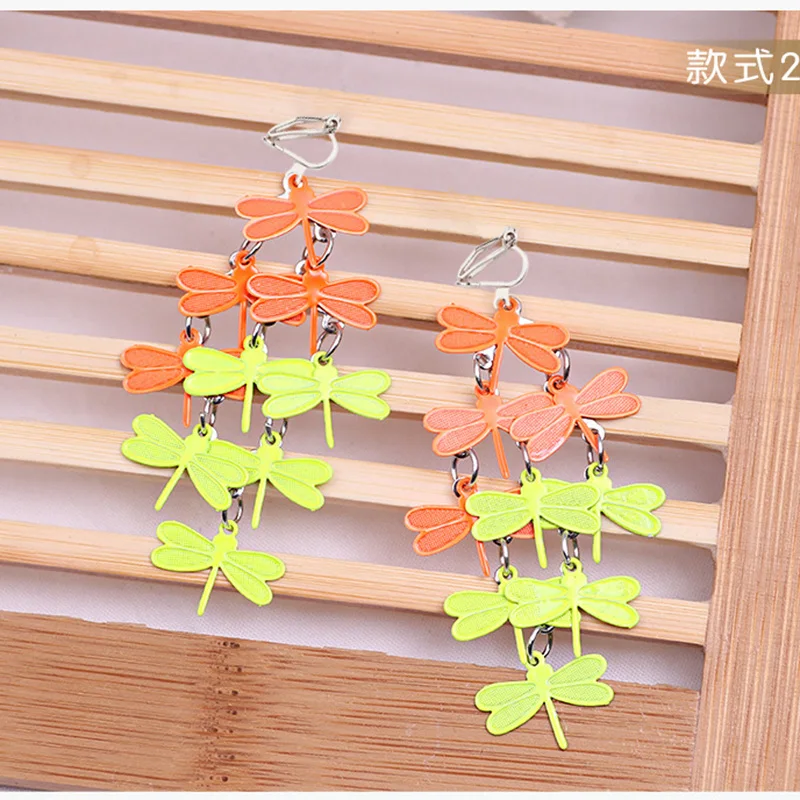 JIOFREE Fashion Long Vintage Colorful dragonfly Clip on Earrings for Women Boho Statement Non Pierced Charm Jewelry