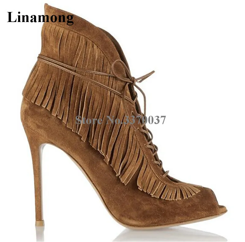 Brand Design Women Fashion Peep Toe Suede Leather Tassels Short Boots Cut-out Lace-up Fringes High Heel Ankle Boots