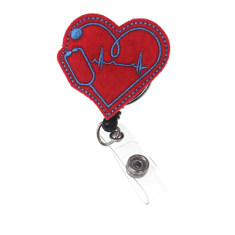 

10pcs or 20pcs/lot free shipping Medical Nurse Heart with Stethoscope Retractable Badge Reel Felt ECG Name Badge Holder