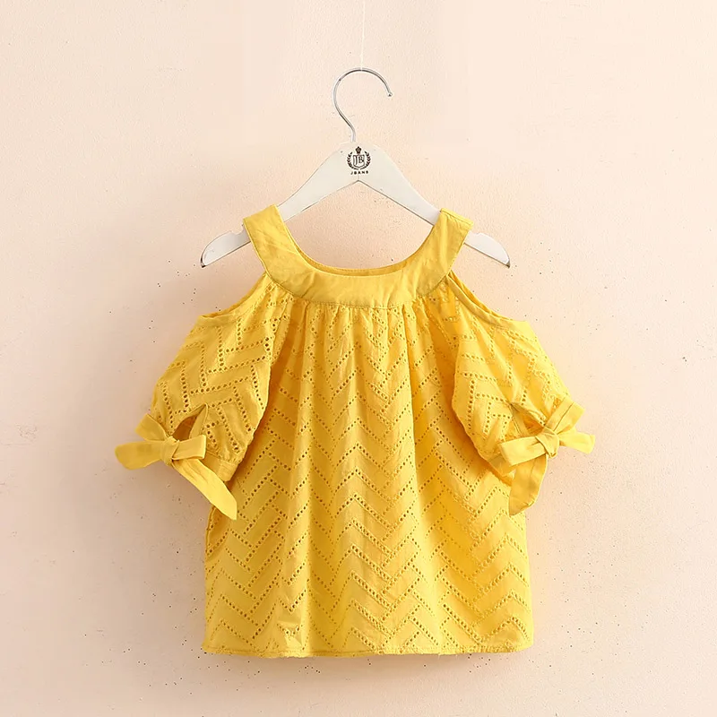 2024 Summer 2 3 4 5 6 7 8 10 Years Children Cotton Solid Color Hollow Out Wave Off Shoulder Strapless Kids Girl Blouse Shirt