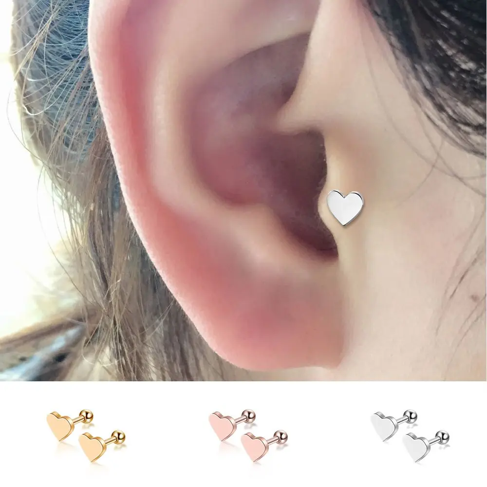 1pc Helix Piercing Rose Gold Ear Bone Nail Stainless Steel Body Jewelry Lovely Heart Stud Earrings Tragus Cartilagem