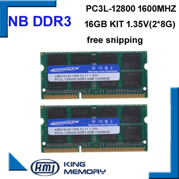 KEMBONA — 16 Go de RAM DDR3/DDR3L Pour ordinateur portable, lot de 2x8 RAM, à faible consommation 1,35 V, SO-DIMM, PC3L-12800S, 204 broches, nouvel