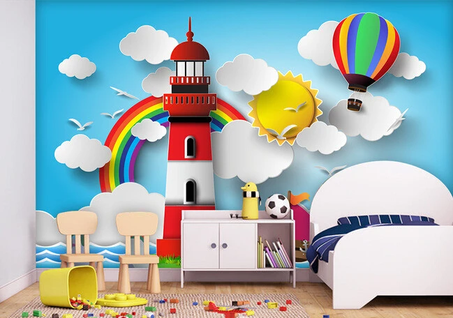 Custom papel DE parede infantil,lighthouse, rainbow, the sun murals for children room bedroom setting wall waterproof wallpaper