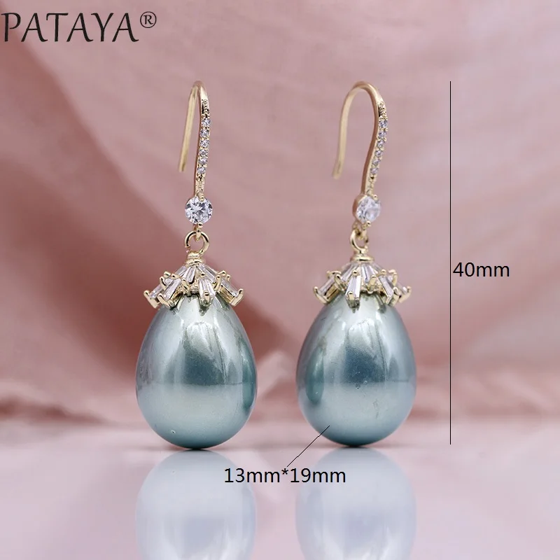 PATAYA New Oval Shell Pearls Long Earrings 585 Rose Gold Color Square Natural Zircon Women Luxury Fine Wedding Fashion Jewelry