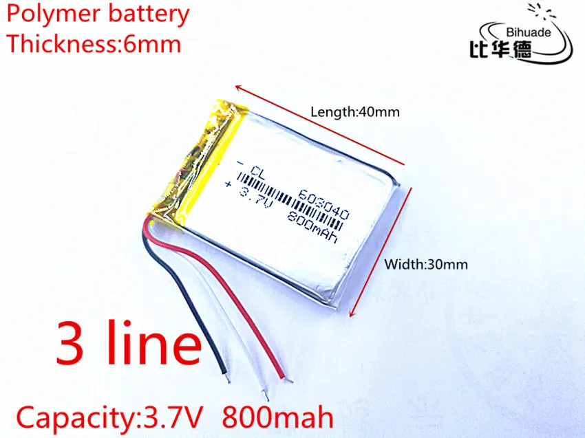 3 linii 3.7 V 800 mAh 603040 Litowo-polimerowa LiPo akumulator do Mp3 Mp4 Mp5 DIY