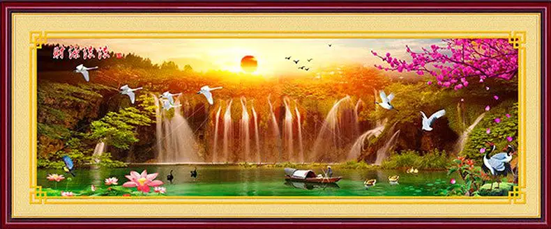 QIUSI needlework DIY cross stitch full embroidery kits,sunset birds lake waterfall plot landscape pattern cross-stitch painting