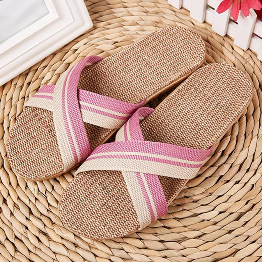 LCIZRONG New Linen Beach Slippers Men 35-45 Large Size Home Shoes Flip Flops Man Indoor Bathroom Slides Unisex Family Slippers