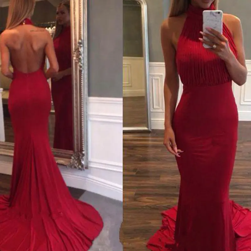 2021 Latest Red Prom Dresses Backless Sweep Train Pleats Formal Evening Party Dresses Vestido De Fiesta Prom Gowns