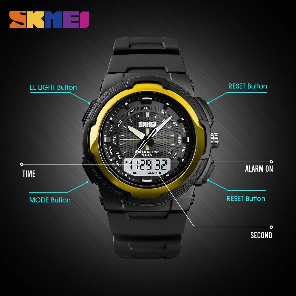 SKMEI Back Light Dual Time Display Outdoor Sports Watch Mens Military Stopwatch Date Week 5bar Waterproof Wristwatches Clock