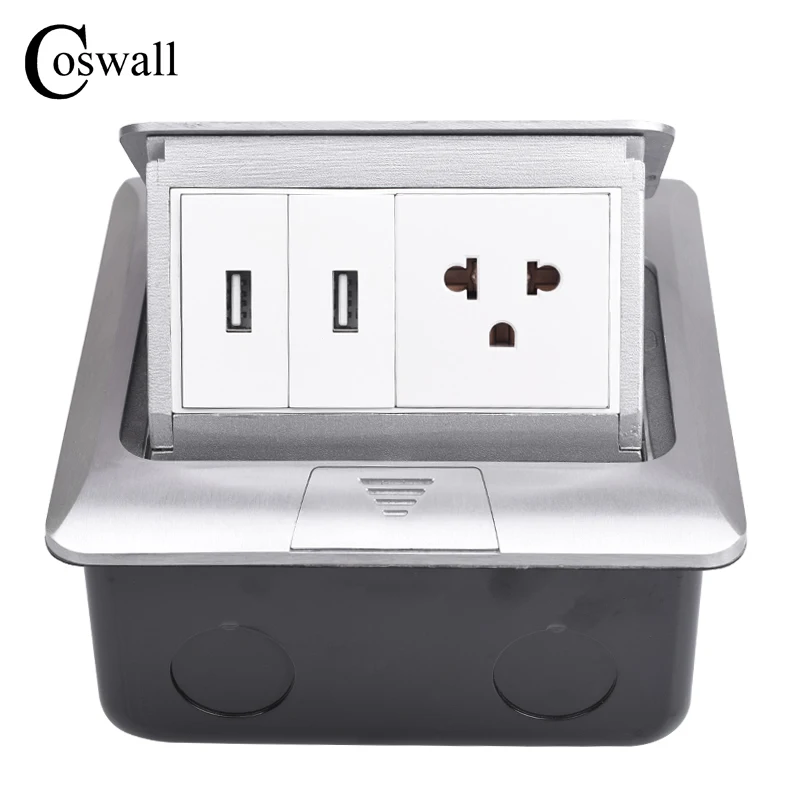 

Coswall All Aluminum Silver Panel Pop Up Floor Socket 15A US Standard Power Outlet With Dual USB Charge Port