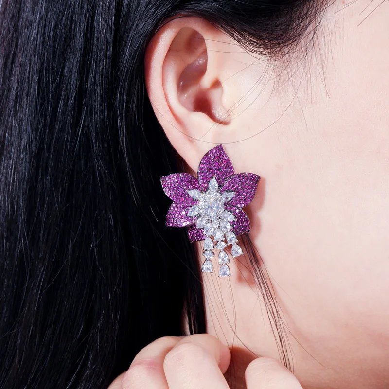 Pera eleganckie kobiety kolor srebrny biżuteria duże geometryczne Rose Red Flower Cubic cyrkon długie kolczyki wiszące dla pań Prom Party E369 — zdjęcie 7