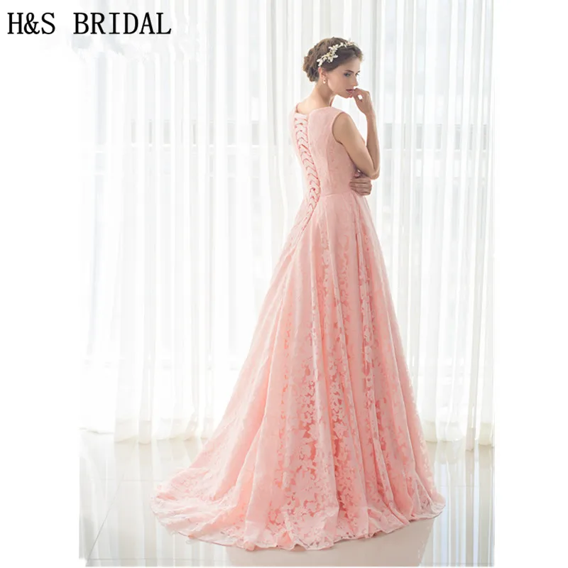 H&S BRIDAL Pink Lace Evening Gown Floor-length cheap long evening dresses robe de mariage 2020 Evening Party