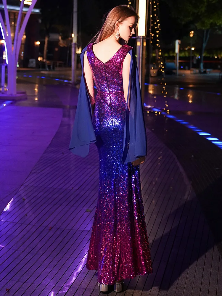 Robe De soirée réfléchissante style sirène, longue, col en v, paillettes, 2019